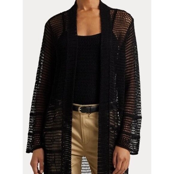 RALPH LAUREN XL Women's Pointelle Knit Linen Blend Cardigan $245 Fringe Black - Picture 4 of 15